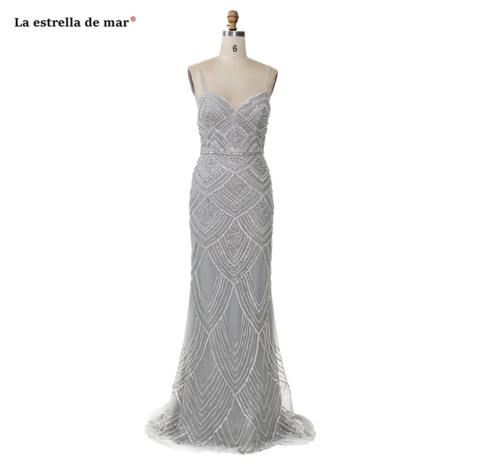Robe de soiree2019 Кристалл Спагетти StrapV шеи Серебро Шампанское слоновой кости сексуальные Русалка Вечерние платья длинное роскошное бальное платье