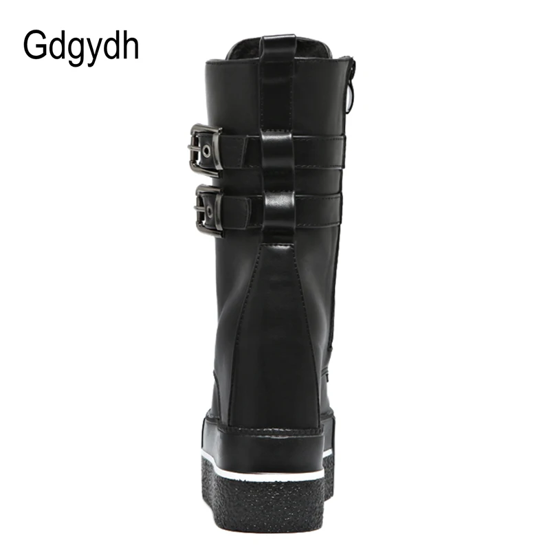 Gdgydh Round Toe Women Ankle Boots Autumn Platform Lacing Rivet Short Boots Female Soft Leather Boots Wedges 12cm Plus Size