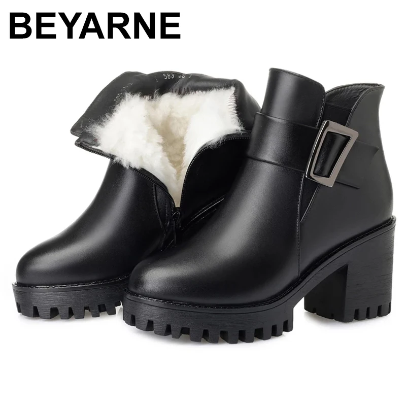 

BEYARNE 2021 black ankle boots women on the platform winter genuine leather snow boots heel luxury wool boots female