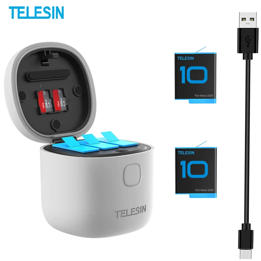 Аккумуляторная батарея TELESIN 1750 мАч для GoPro Hero 10 9 зарядное устройство с 3-сторонней