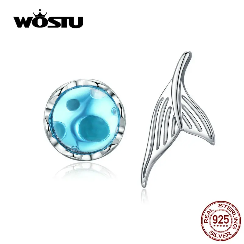 WOSTU Русалка Синий Кристалл Серьги гвоздики 925 пробы серебряные модные серьги для женщин Свадебные серьги, ювелирные изделия CQE630