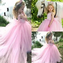 Недорогое мягкое Тюлевое платье принцессы с бантом, подгонянное шлейфом, платье с цветочным узором для девочек, свадебное платье для страны, Robe De Fiesta Vestidos