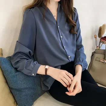 

2019 Long Sleeve Solid Color Blouse Women Spring Tunic Tops Feminino Blusas Plus size 4XL Women Casual Chiffon Blouse Shirt