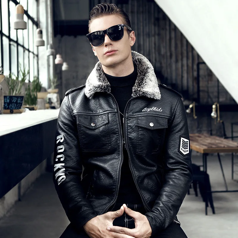 GustOmerD New Men's Jacket Casual Plus Velvet Long-sleeved Leather Jacket Solid Color Zipper Slim Jacket Men