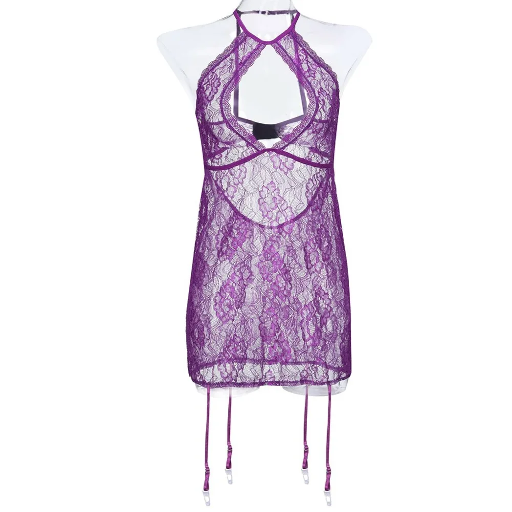 Женское ночное платье Ночная рубашка сексуальный Холтер размера плюс кружевное белье с замочной скважиной Ночная сорочка с подвязками Nuisette#2N15