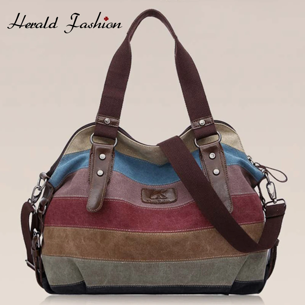 

Herald Fashion Women Rainbow Stripe Canvas Shoulder Bags High Quality Handbags Leisure Holiday Shopping Tote Bag For Teens