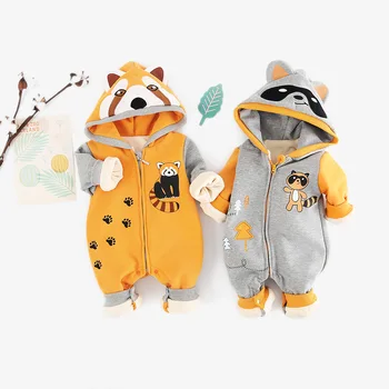 

Europe And America Hot Selling Cartoon Raccoon Romper Amazon Hot Selling Animal Modeling Baby Onesie plus Velvet Hooded Crawling