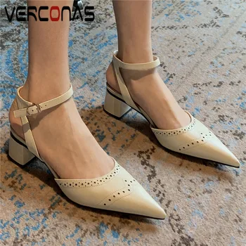 

VERCONAS Women Genuine Leather Comfortable Temperament Fashion Buckle Pointed Toe Thick Heel Sandals Thick Heels Shoes Woman