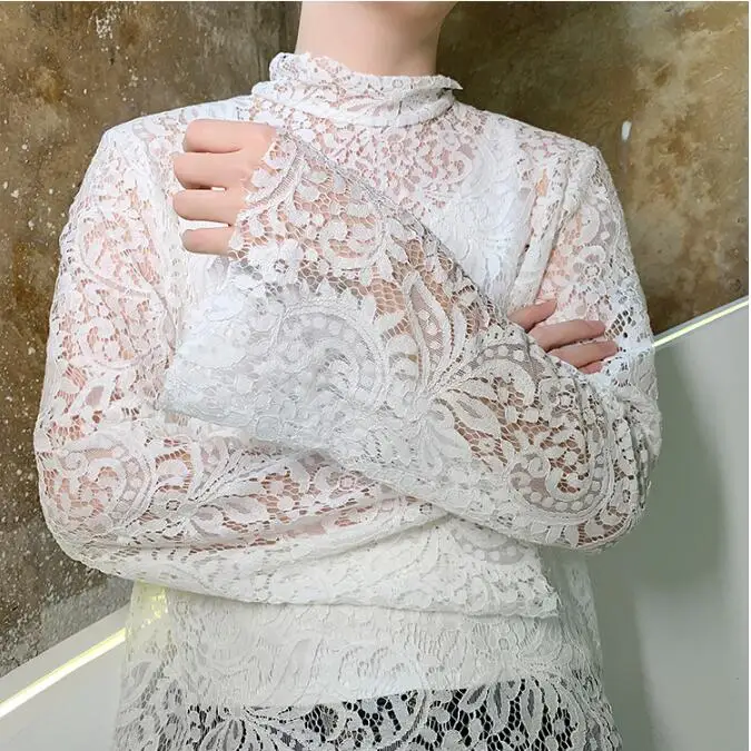 M-XL! осенние модные дизайнерские Джинсовые штаны для ночного клуба, пикантные, маленькое кружево с высоким воротником джемпер Мужская ins блуза с длинным рукавом