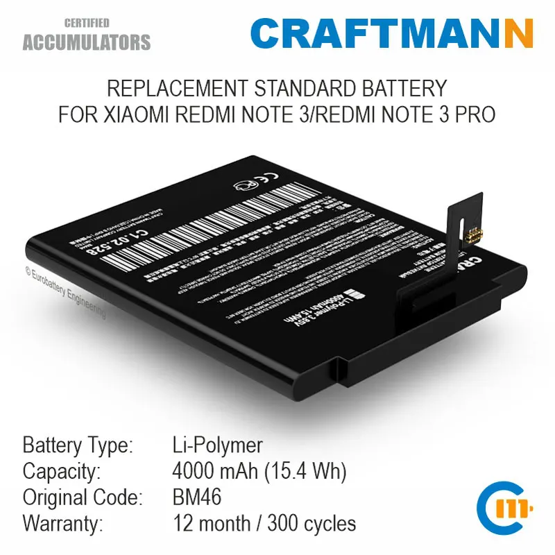 Аккумулятор Craftmann 4000 мАч для Xiaomi REDMI NOTE 3/REDMI 3 PRO (BM46) | Мобильные телефоны и