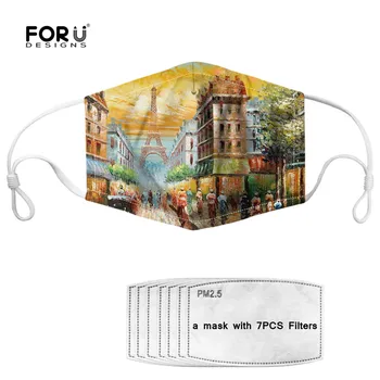 

FORUDESIGNS Fashion 3D Painting Design Women&Girls Mask Mouth Cover Face Masks Breathable Reusable mascarilla 7 Filters Elastic