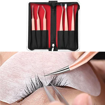 

6pcs Eyelash Extension Tweezers Set Stainless Steel Straight Curved Bent Point Tip Lash Tools with Storage Case