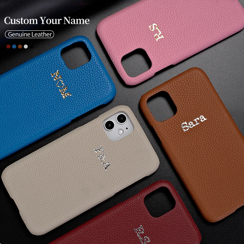 Custom Pebble Grain Genuine Leather Luxury Gold Initial Name Phone Case Cover For iPhone 12 11 Pro Max X XS XR Max 8 7Plus 8Plus