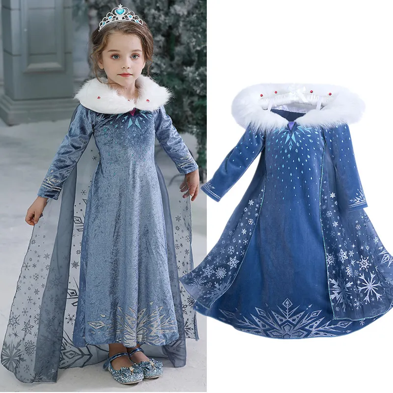 4-10 Years Fancy Cosplay Princess Dress Anna Elsa Kids Costume Snow Print Halloween Party Dress Vestidos Children Girls Clothing