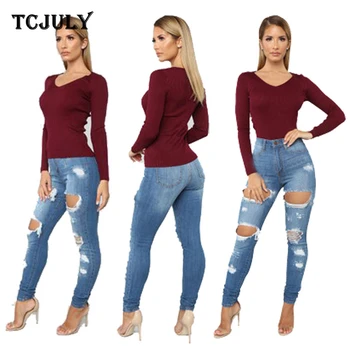 

TCJULY Spring Autumn Streetwear Cotton Ripped Jeans For Women Washed Slim Push Up Stretch Denim Pants Bleached Skinny Blue Jeans