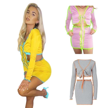 

Long Sleeve Patchwork Bandage Sexy Crop Top Skirt 2 Pieces Set Autumn Winter Women Fashion Streetwear Tracksuit