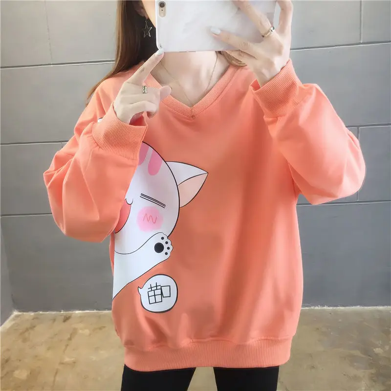 

Cute Cat Printed Hoodies Women Simple Fashion Streetwear Hoodie Kpop Loose Tops Tracksuit Womens Clothing 2020 Female Sweatshirt