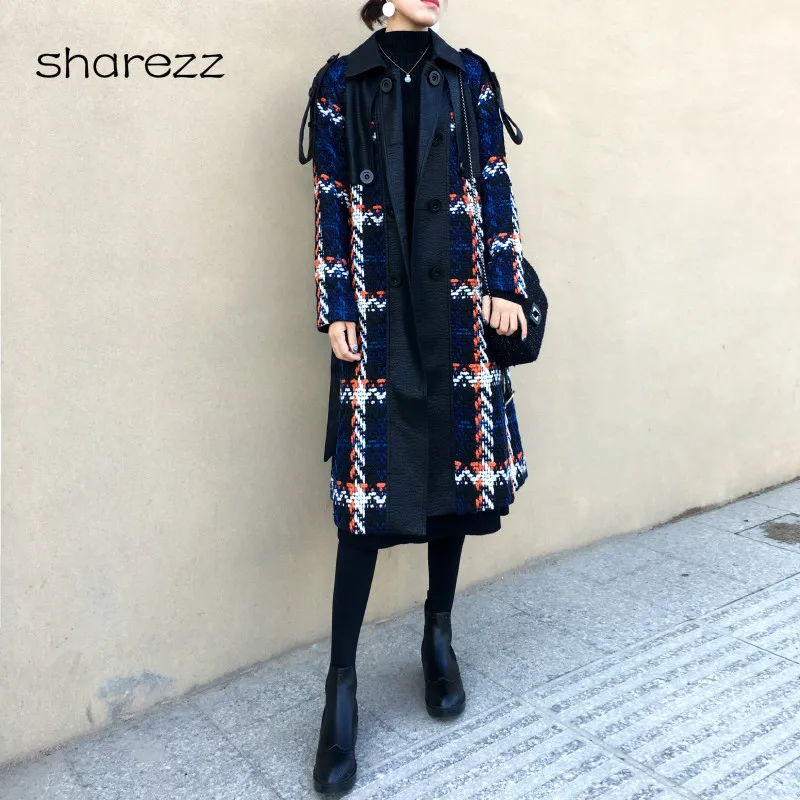

2019New Women Outerwear Winter Clothing Fashion Warm Woolen Blends Female Elegant Plaid Double Long Tweed Woolen Outerwear Coat