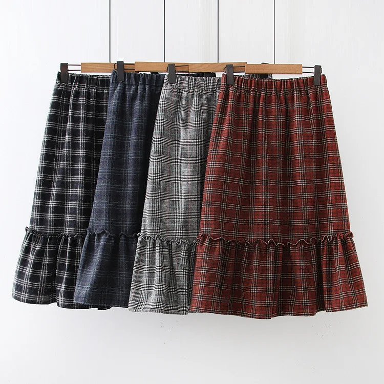 

2019 Autumn And Winter New Style Retro Pattern Frilled Skirt Women's Elastic Waist Medium-length Dress Bicolor