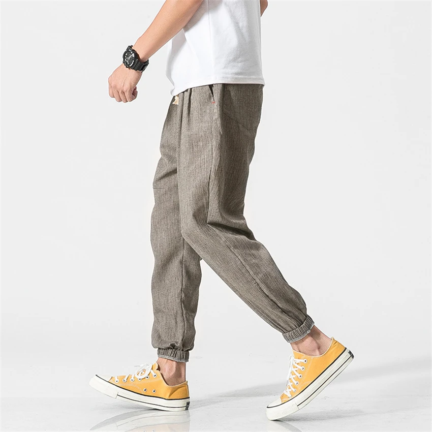 Мужские повседневные леггинсы в китайском стиле размера плюс, хлопковые льняные брюки, мужские летние японские штаны-шаровары с эластичной резинкой на талии