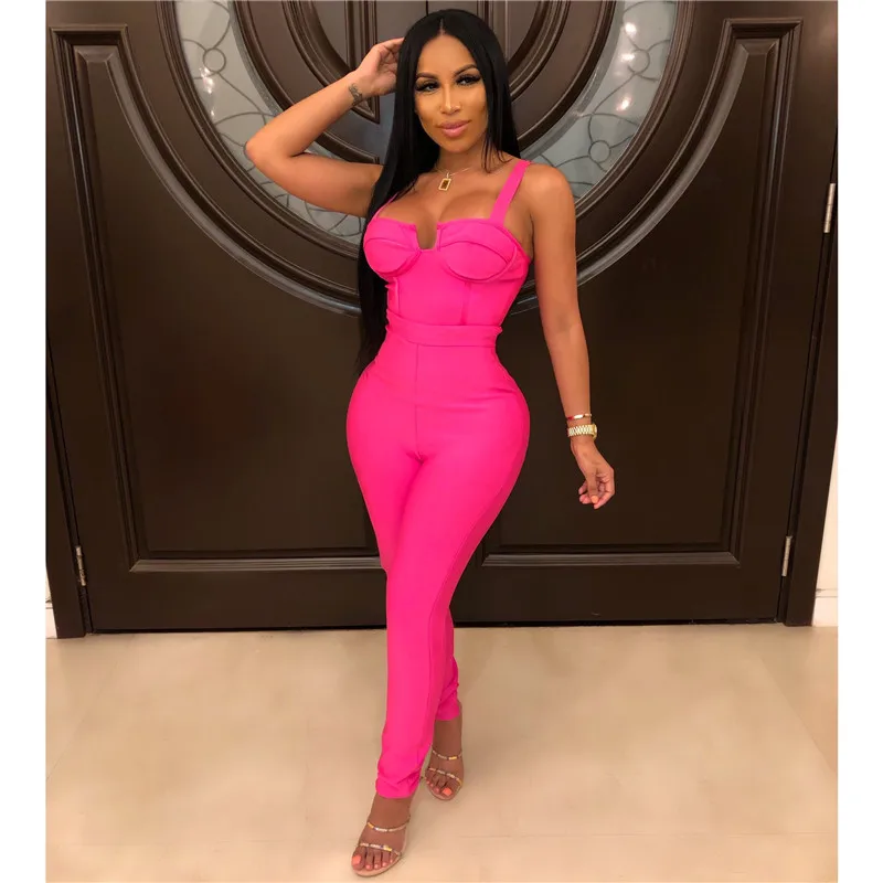 

Rose Black Blue Fashion Sleeveless High Quality Bandage Jumpsuit Women Rompers Night Party Jumpsuits
