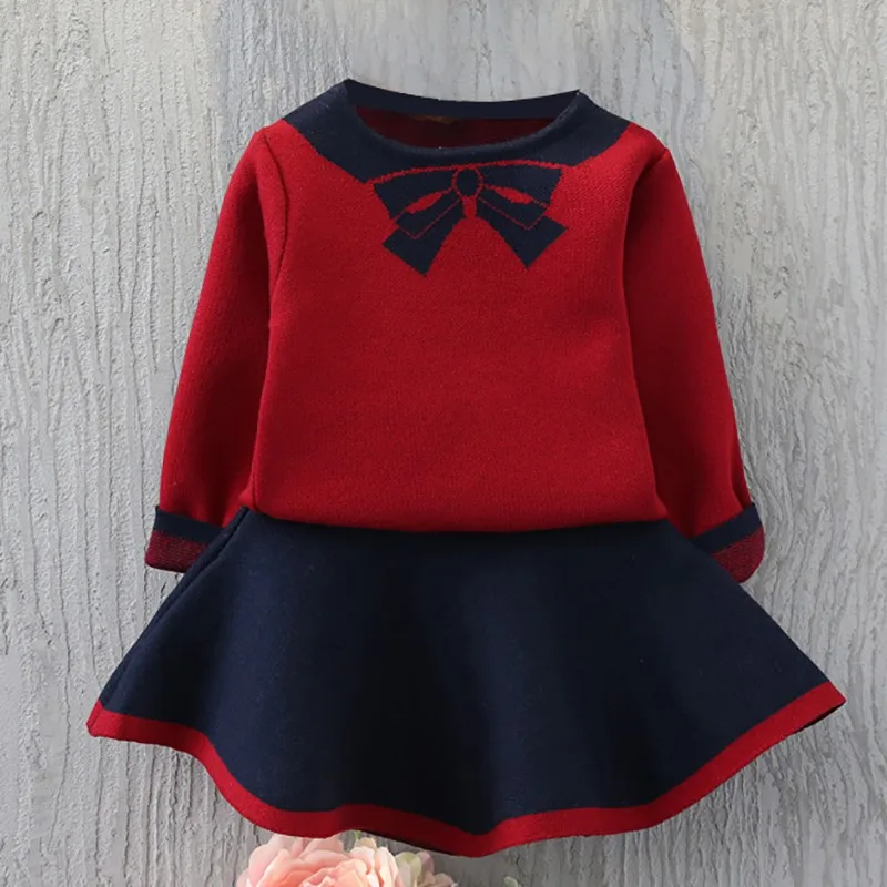 

Autumn Baby Girl Outfits Set Skirt Suit Korean Version o neck Long Sleeve Bowknot Print Sweater Blouse & Short Skirts Suit #25