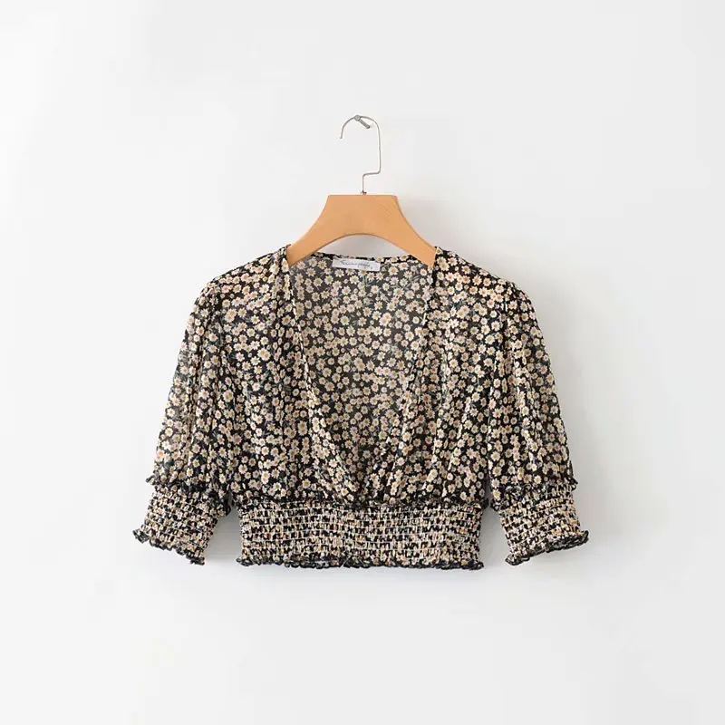 NM black Bazaleas, винтажные Женские топы и блузки с коротким рукавом, шикарная шифоновая зеленая укороченная блузка с цветочным принтом и v-образным вырезом - Цвет: NM black