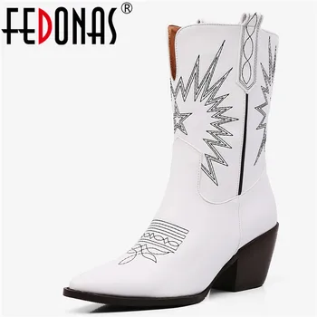 

FEDONAS Newest Women Mid-Calf Boots Dancing Night Club Shoes Woman Big Size Chunky Heels Boots Embroider Fashion Western Boots