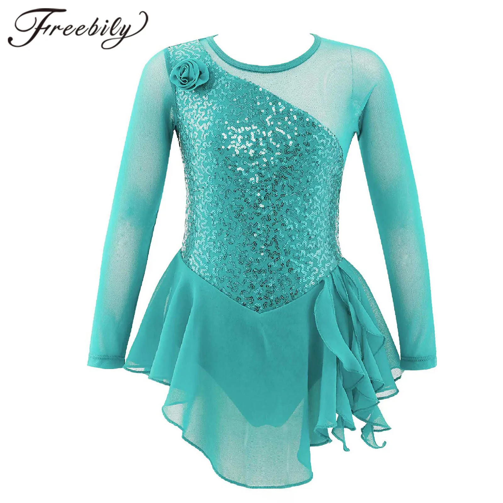 Girls Ballet Gymnastic Leotard Dress Kids Sequins Dancing Costume Long Sleeve Figure Ice Skating Dress Performance Dancewear