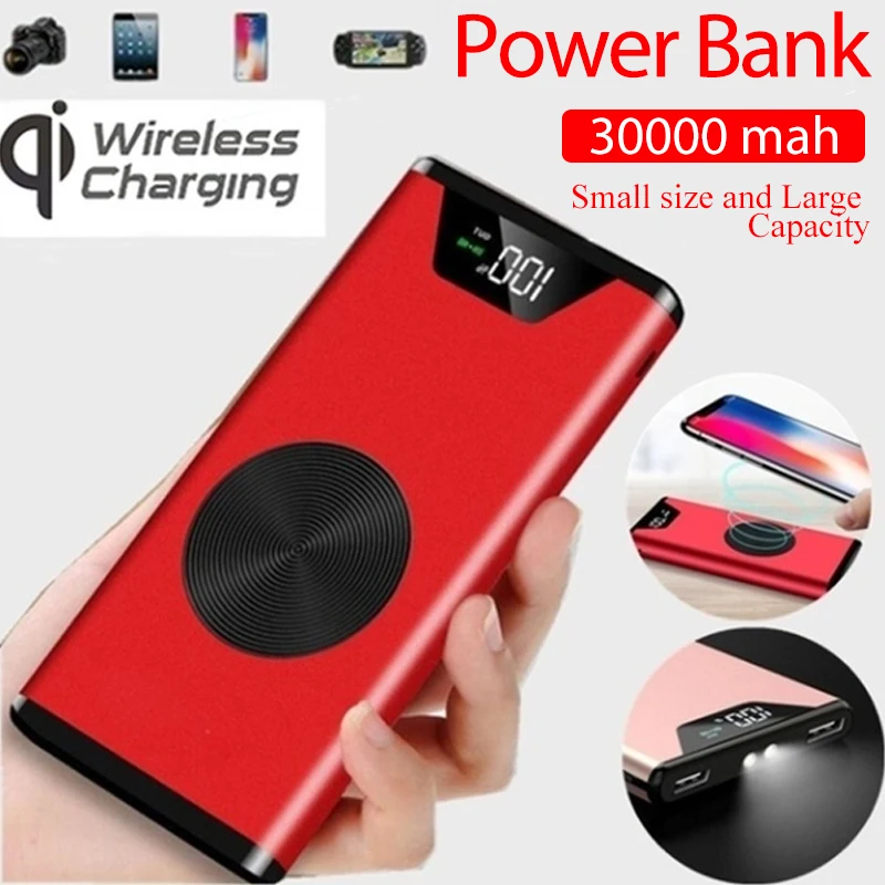 Portable Wireless Charger Mobile Ultra High Capacity 30000mAh Power Bank Ultra Thin Fast Charging Double USB LED Power Bank