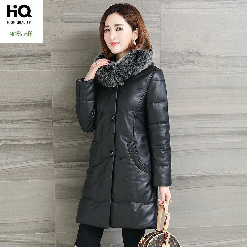

2020 Genuine Leather Down Jacket For Women Sheepskin Fox Fur Hoodie Overcoat Female Elegant Loose Warm Office Outwear Plus Size