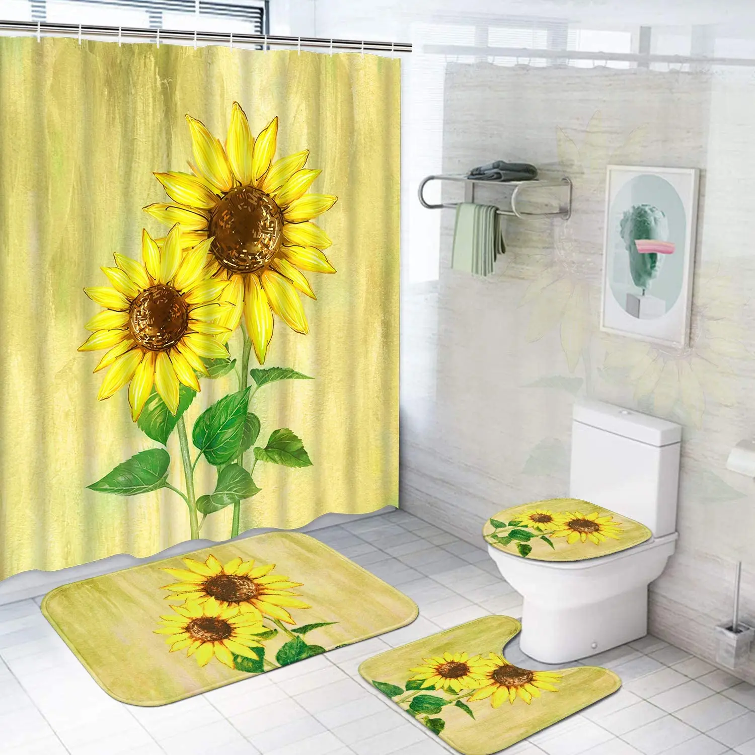 Sunflower Thick Bathroom Rug Shower Curtain Bath Mat Non-Slip Toilet Lid Cover 