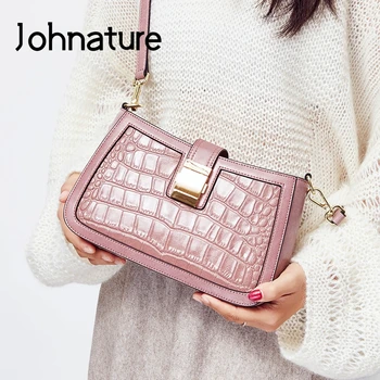 

Johnature Fashion Oil Wax Leather Alligator Women Bag 2020 New Simple Hasp Small Flap Bags Cowhide Shoulder & Crossbody Bags