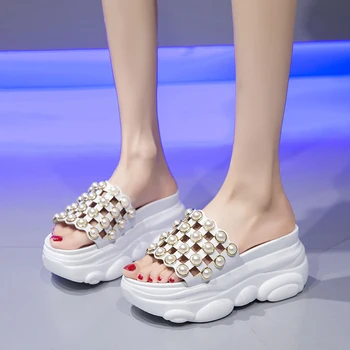 

Rimocy Pearls Wedges Thick Bottom Sandals Women Summer Hollow Out Super High Heels Platform Slides Woman Chunky Beach Slippers