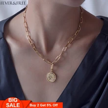 Fever& Free минимализм ювелирные изделия простая монета Длинная цепочка золотое ожерелье изящная резная РУНИЧЕСКАЯ Подвеска Ожерелье s для женщин чокер в подарок
