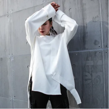 

LANMREM 2020 New Spring O-neck Solid Color Irregular Splice Sweatshirt Women Streetwear Personality Split Loose Tops Tide PD019