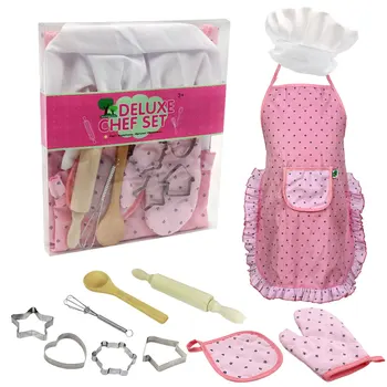 

Role Play Cooking Baking Set Chef Costume Set Apron Chef Hat Kitchen Utensils Cake Cutter Cupcake Moulds Gloves for Girls Gift