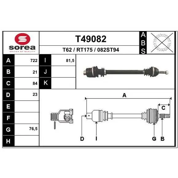 Привод правый 722mm\ Renault 19 1.2/1.4 JB4/5 88 EAI T49082