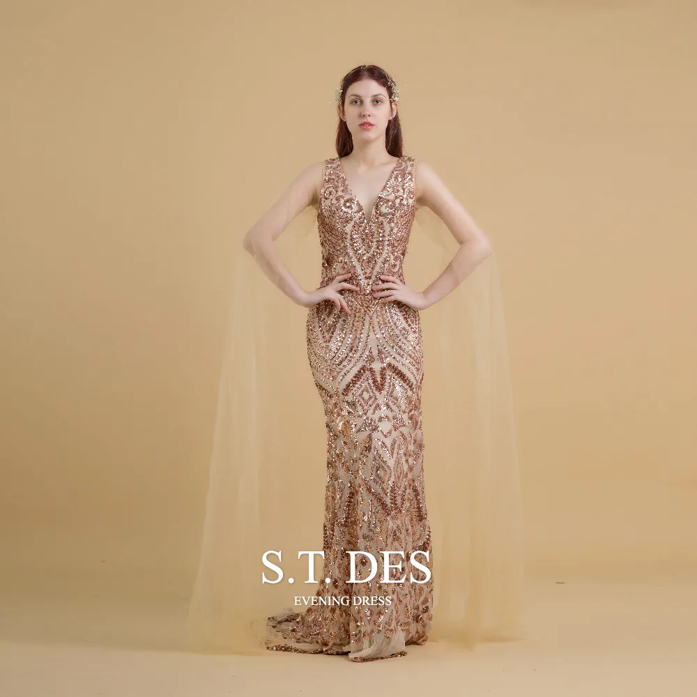 2020 S.T.DES Elegant Gold V-Neck Full Sequins Embroidery Chiffon Mermaid Prom Dress Sweep Train Long Evening Woman robe | Свадьбы и