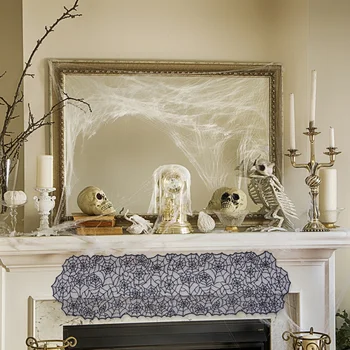 

Halloween Party Supplies Multi-use Bat Lace Decorative Table Flag Table Cover Spiderweb Tablecloth Curtain for Fireplace