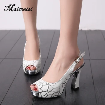 

MAIERNISI Summer Cool Daily Women Sandals Peep Toe Slingbacks High Heel Female Rose Square Heel Stilettos White Skirt High Heels