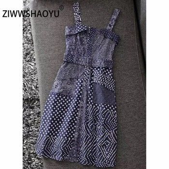 

ZIWWSHAOYU Female Fashion Summer Cotton Spaghetti Strap Dress Women's Sexy Backless Dot Printed Elegant Vintage Midi Dresses