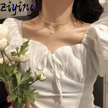 

Fashion 2020 New Korean Style Pearl Pendant Necklace Jewelry Collar Double Layer Chain Gold Color Cute Choker Women Necklace