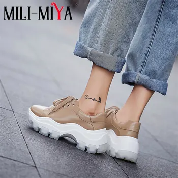 

MILI-MIYA Fashion Real Cow Leather Platform Sneakers Women Spring Round Toe Cozy Thick Bottom Lace Up Breathing Leisure Shoes