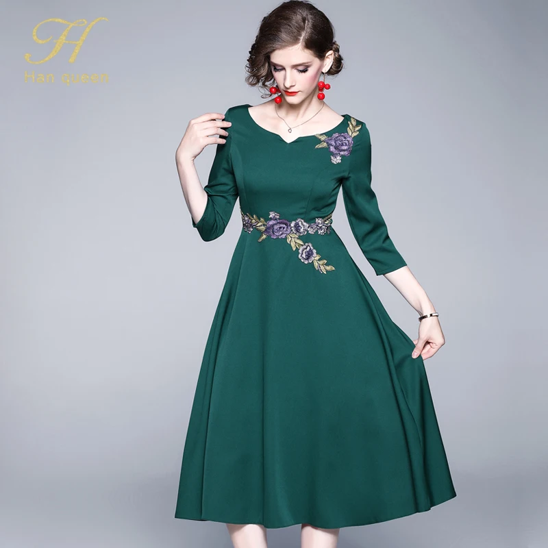 Dark green H han queen/новые винтажные платья с вышивкой, женские облегающие платья трапециевидной формы для работы, модные офисные платья до середины икры, вечерние платья - Цвет: Dark green