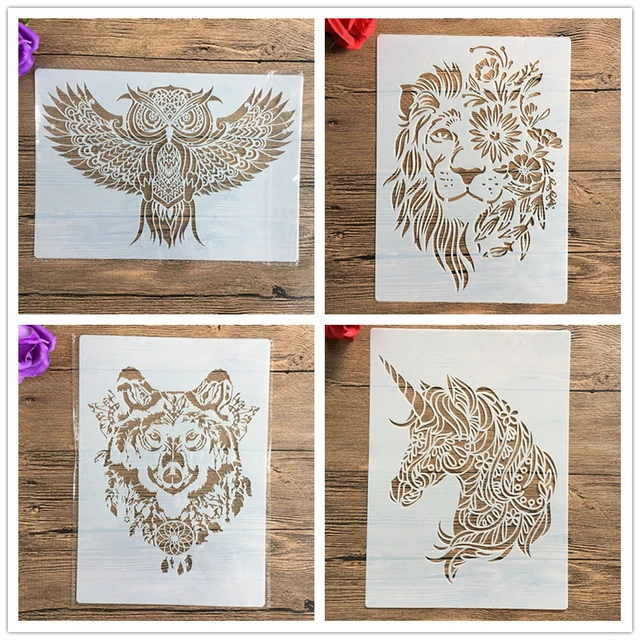 4pcs / set A4 Animal owl lion unicorn wolf Stencils Painting Coloring  Embossing Scrapbook Album Decorative Template