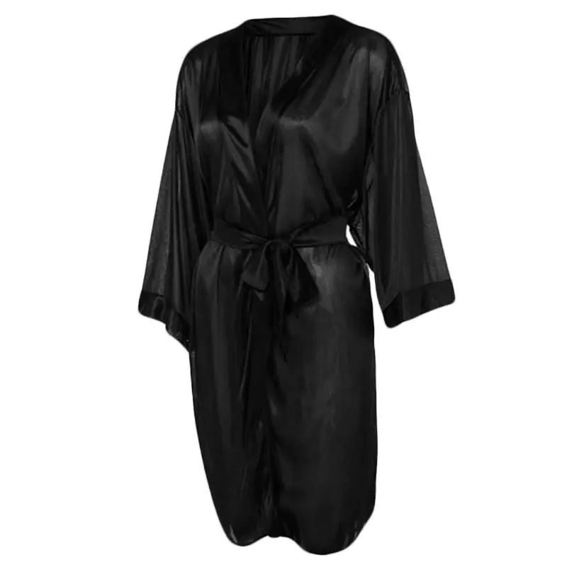 Женская сексуальная прозрачная одежда для сна, комплект из искусственного шелка, рубашка с коротким рукавом, банный халат-кимоно, Однотонная ночная рубашка с стринги, атласный пояс