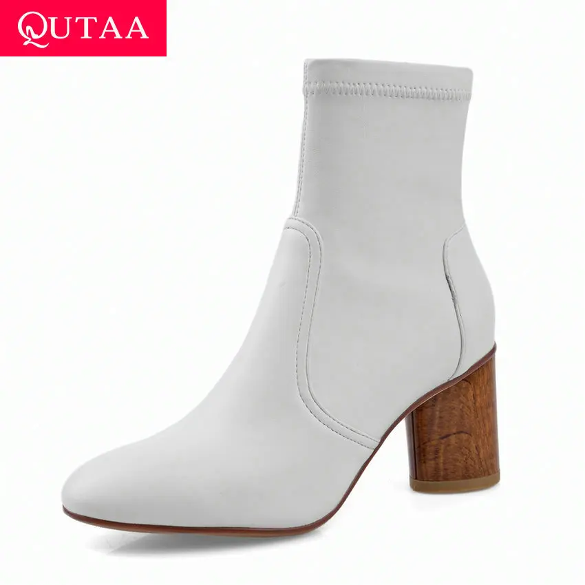 

QUTAA 2020 Cow Leather Flock Casual Round Toe Comfort Ankle Boots Autumn Winter Square High Heel Slip on Women Shoes Size34-39