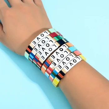 

ZMZY Bohemian Handmade Elastic Stretch Stack Bangle Cuff Square Tile Metal Alloy Bead Enamel Painted Bracelet