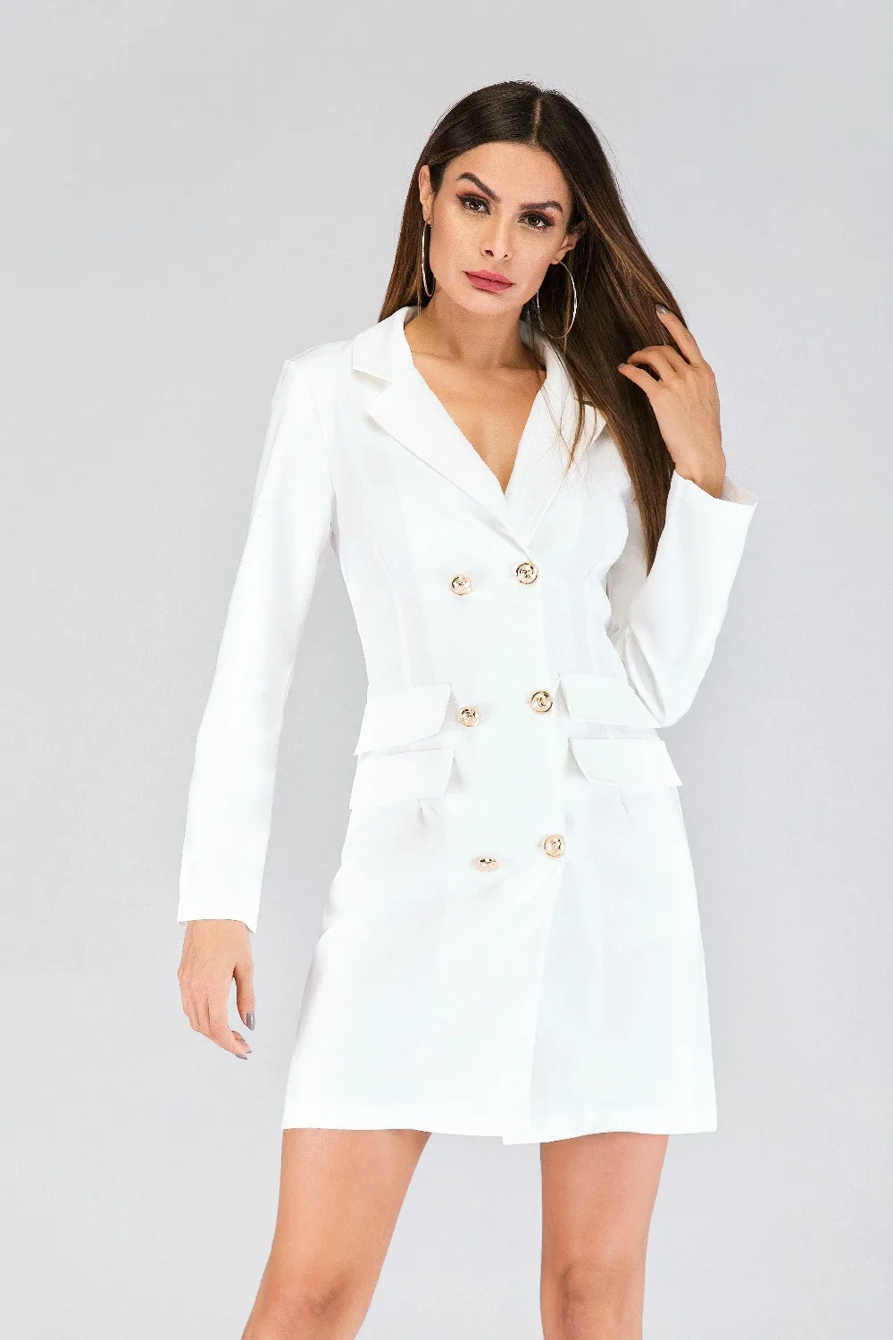 Двубортный однотонный пиджак с v-образным вырезом тонкий жакет Женский Осенний длинный формальный пиджак с длинным рукавом платье для офисных леди